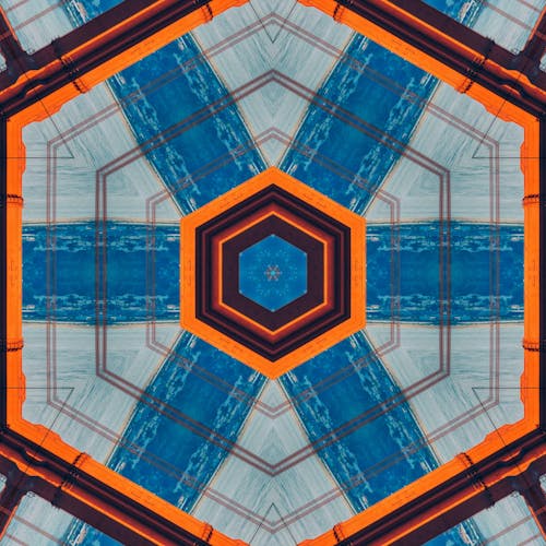 Orange Blue Black Hexagon Print