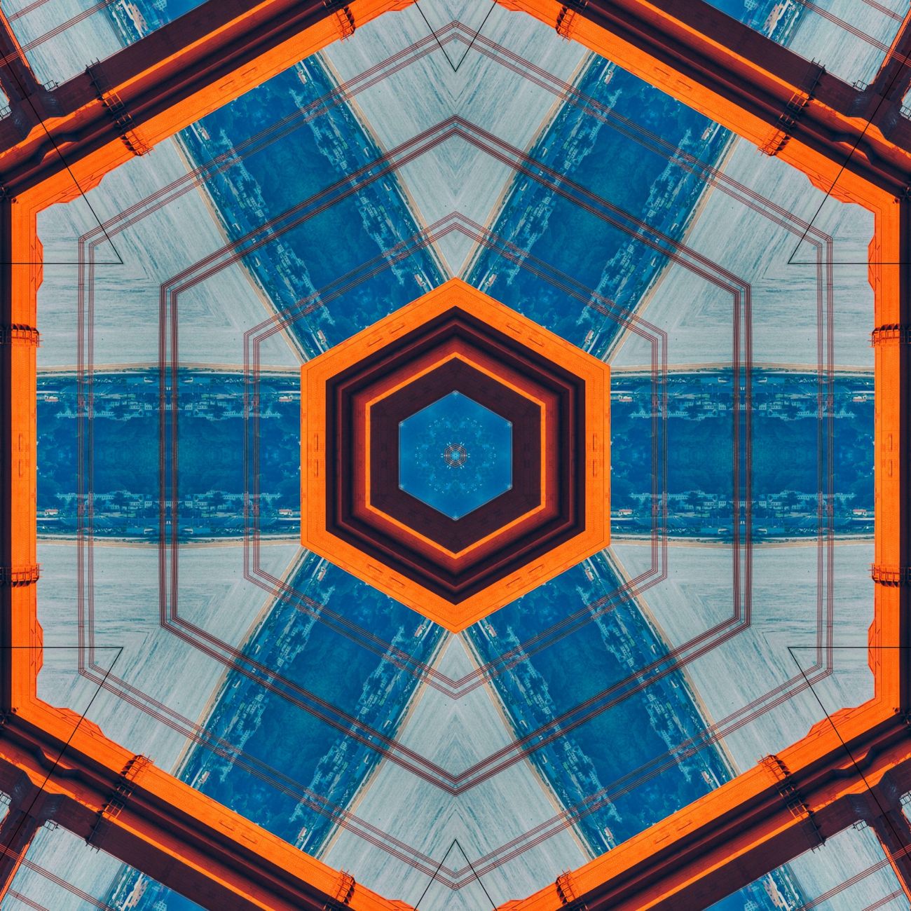 Colorful geometric abstract art featuring bold orange and blue hues in symmetrical patterns.. colorful, geometric, abstract