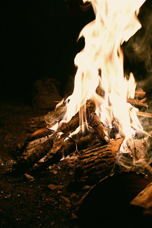 A campfire with flames and a pile of wood
