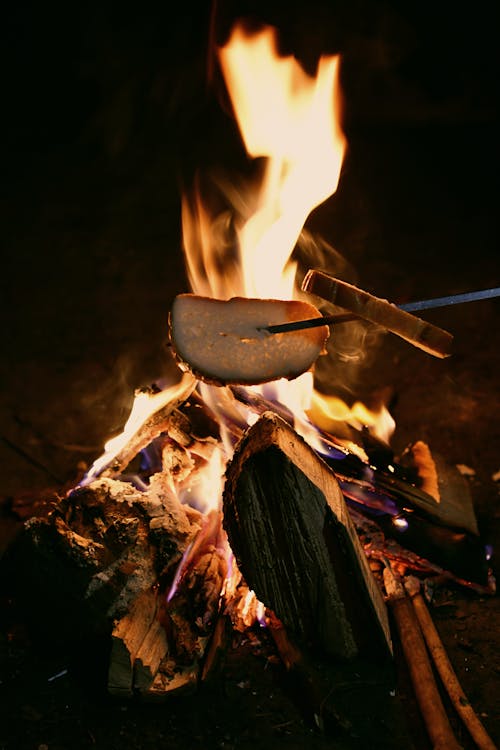 A campfire with a marshmallow on a stick
