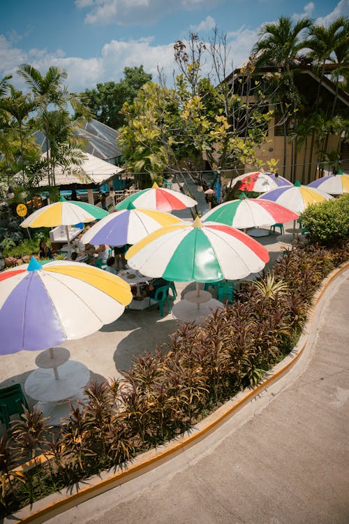 A colorful umbrella is set up in a park