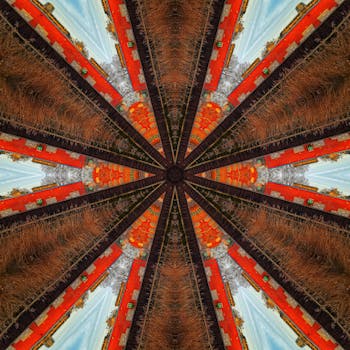 以丰富的色彩和对称性描绘城市场景的抽象万花筒设计充满活力