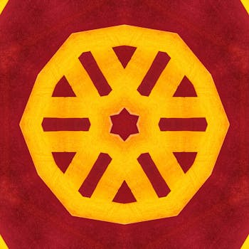 几何曼陀罗图案色彩缤纷，中央有一颗星，形状对称