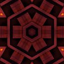 这是一幅充满活力的几何抽象艺术作品，以温暖的色调呈现六边形万花筒图案
