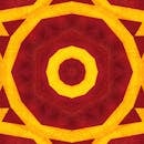 这幅抽象万花筒图案明亮而富有动感，呈现出暖红色与黄色的色调