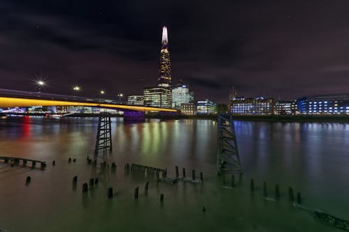 The shard and the tower bridge at night