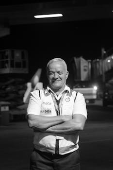 Monochrome portrait of an airline staff member standing at night.