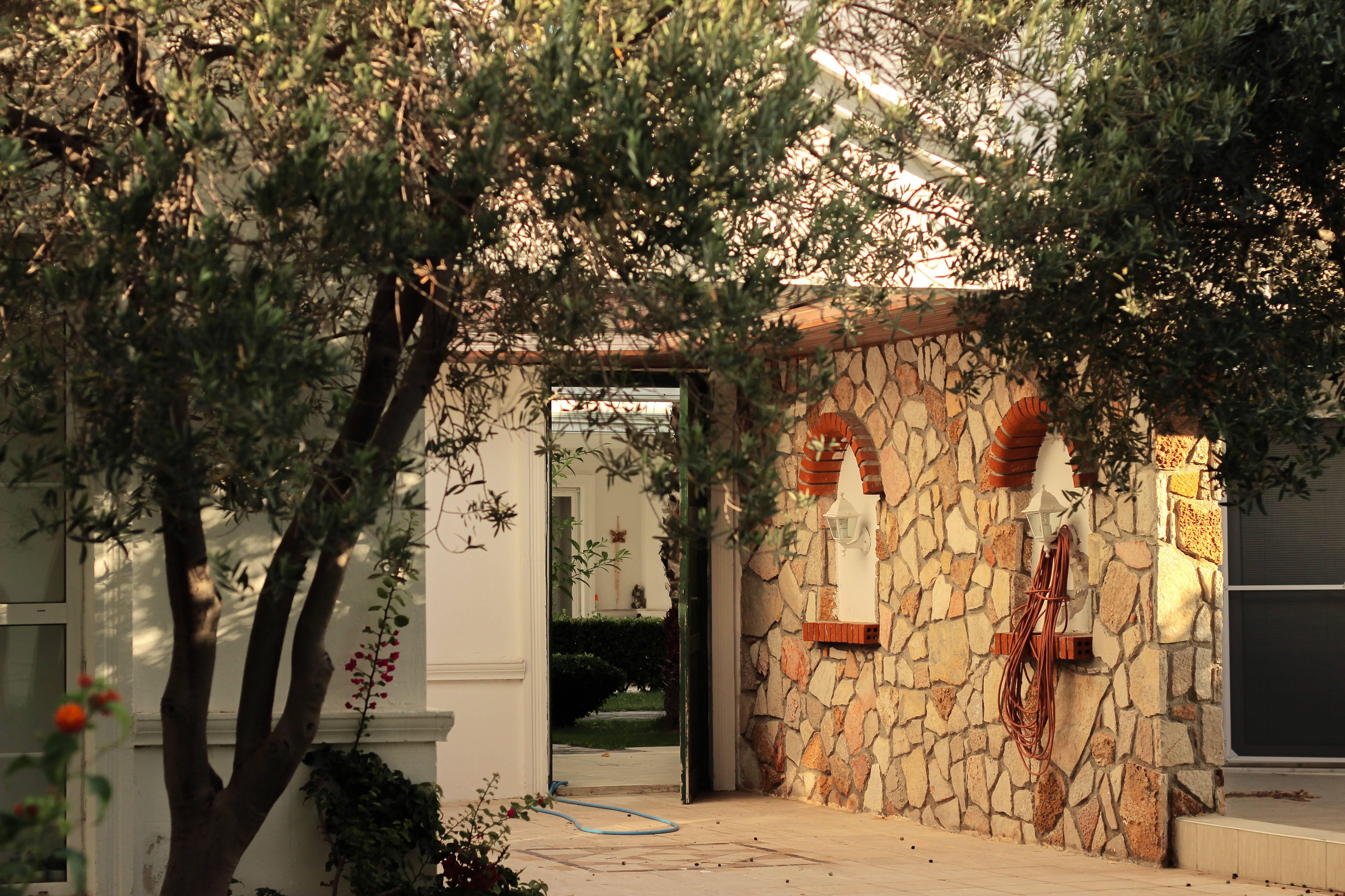 A rustic stone house surrounded by lush trees and greenery in a peaceful yard.