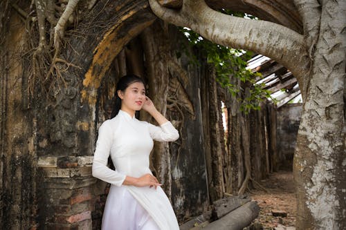 Frau Im Weißen Kleid Unter Baum