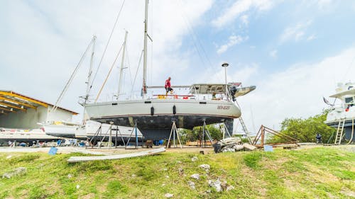 Boat undergoing repairs on dryland at Shelter Bay Marina