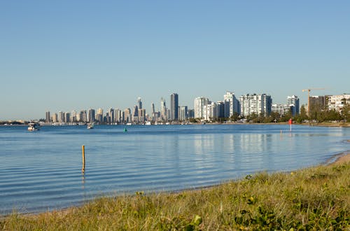 A view of the city skyline from the beach