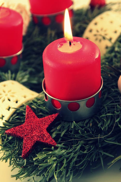 Free Red Pillar Candle Lightened Up Stock Photo