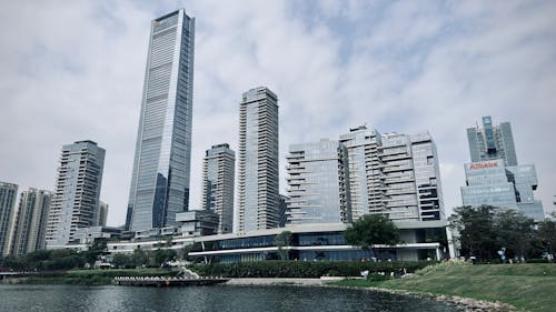 A large body of water with a large city in the background