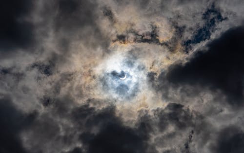 A cloudy sky with a bright sun in the center