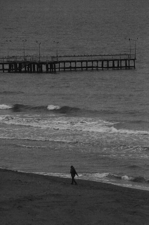 A person walking on the beach near a pier