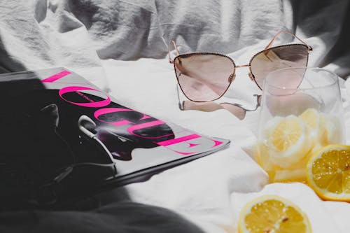 Free Sunglasses, Fruit, Glass and Magazine Stock Photo