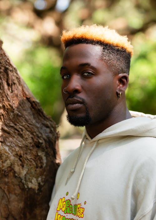 Free A Man in a Hoodie Standing next to a Tree in a Park  Stock Photo