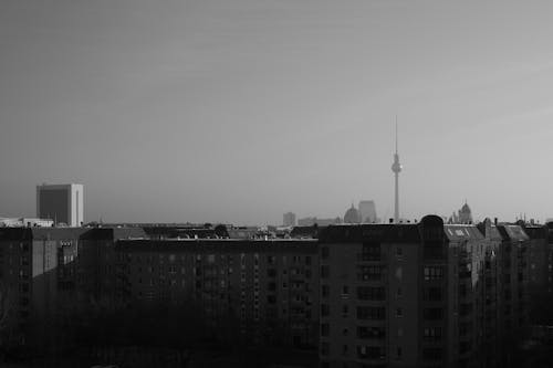 A black and white photo of a city skyline