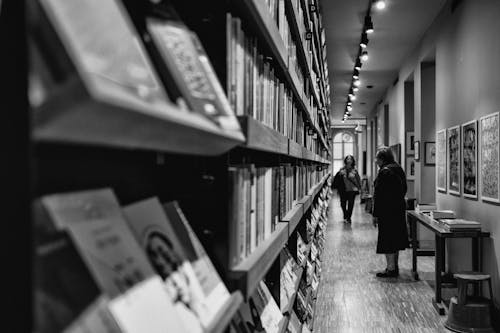 Fotos de stock gratuitas de biblioteca, blanco y negro, caminando