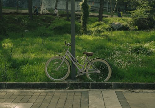 A bicycle rests against a post on lush green grass by a paved path.