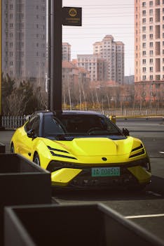 Bright yellow sports car parked in Tianjin, China with city buildings in the background.
