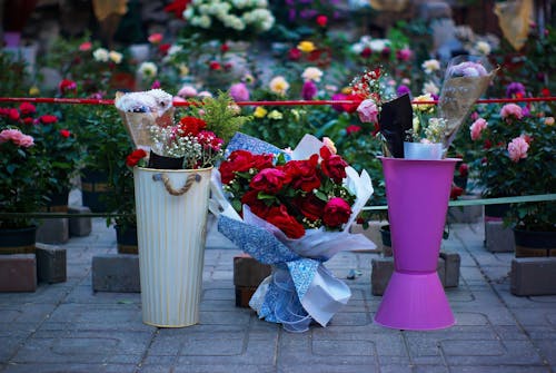 A bunch of flowers in vases on a sidewalk
