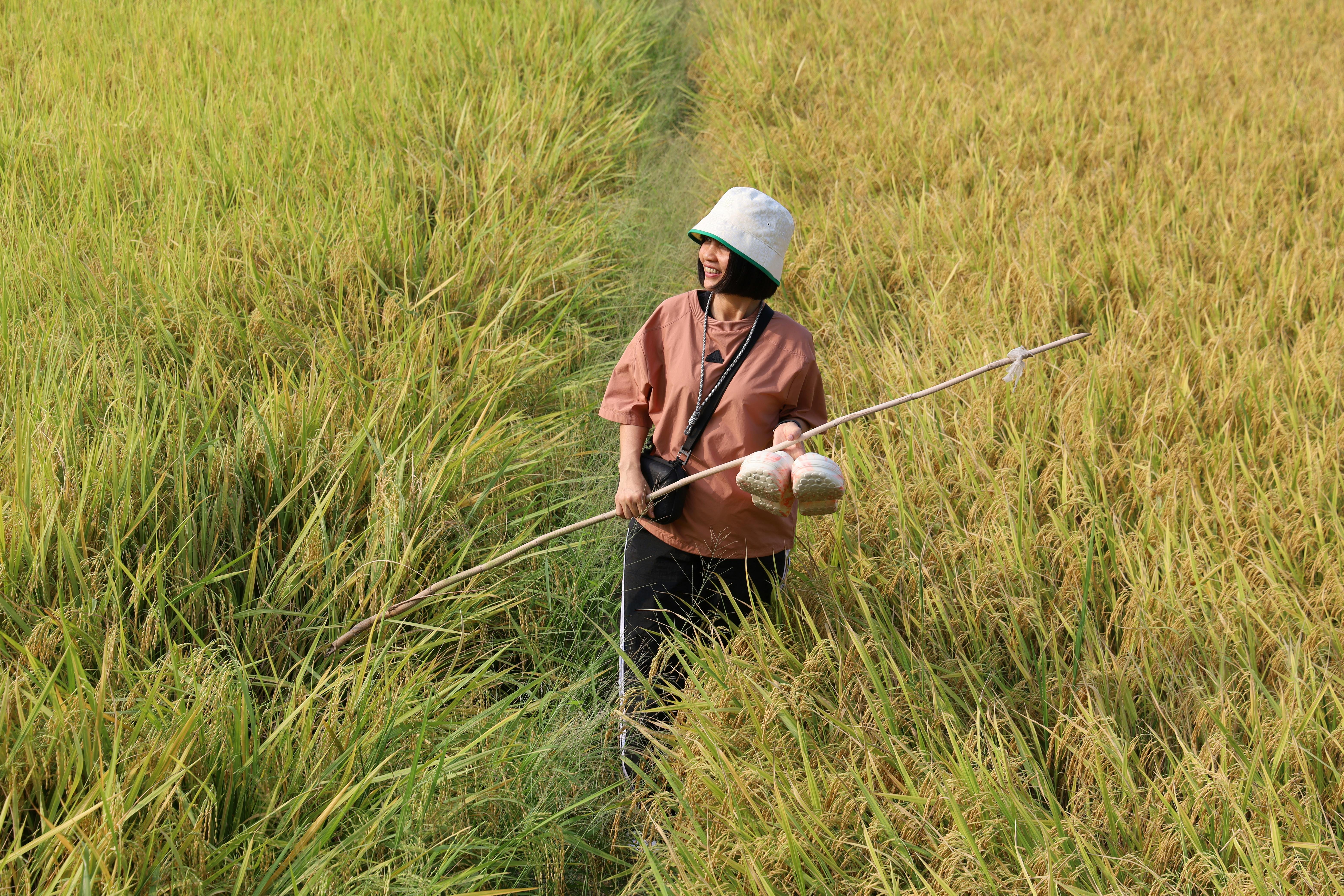 Smiling woman in a rural rice field in Vietnam, holding a rod and wearing a hat.