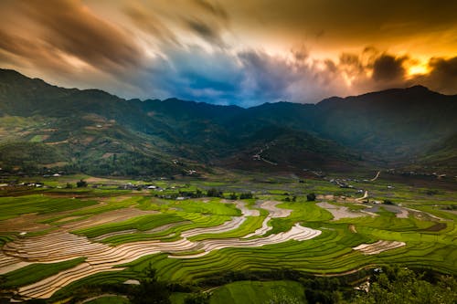 Green Grass Field Near Mountain