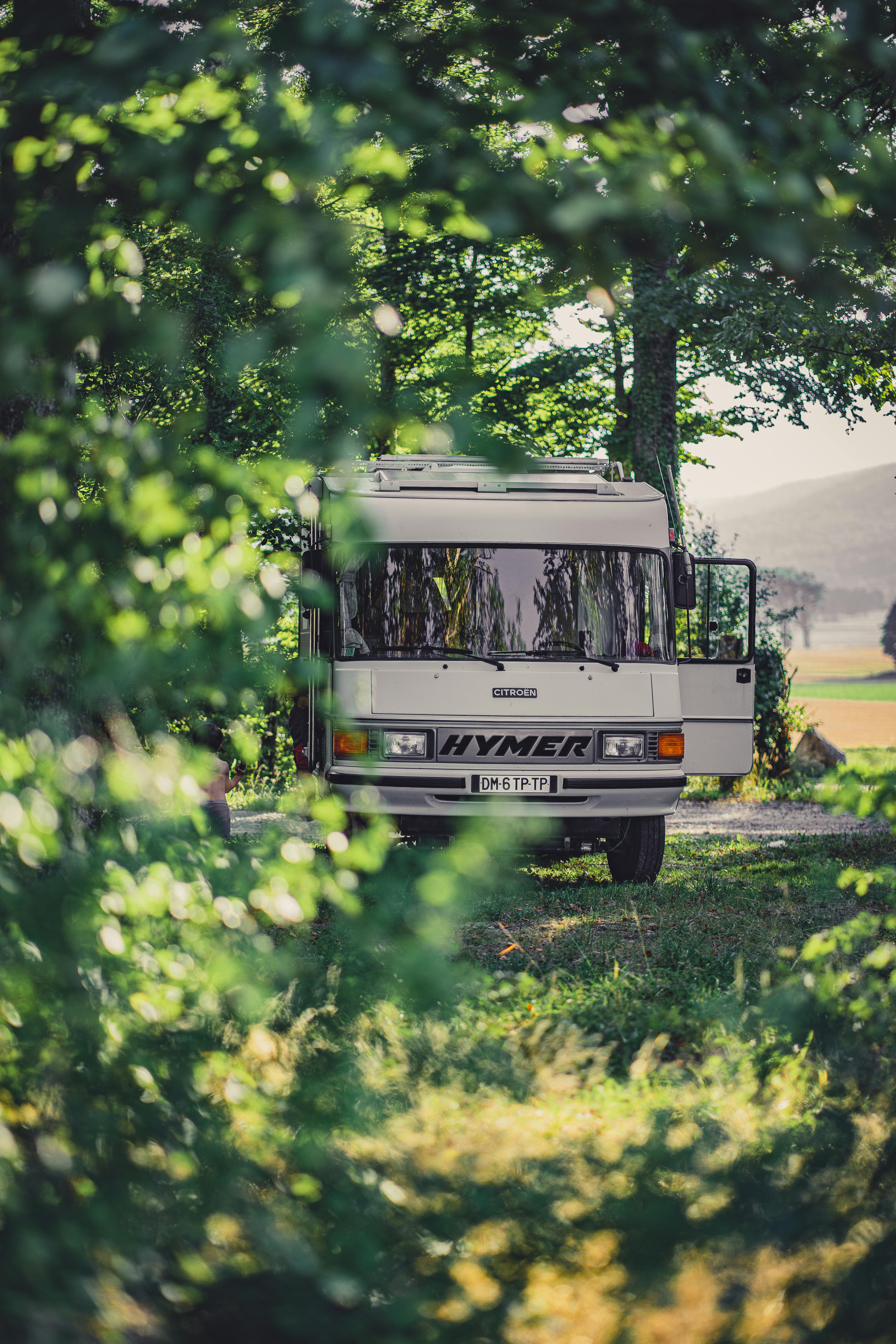 A tranquil scene of an RV nestled among lush greenery in a rural landscape.