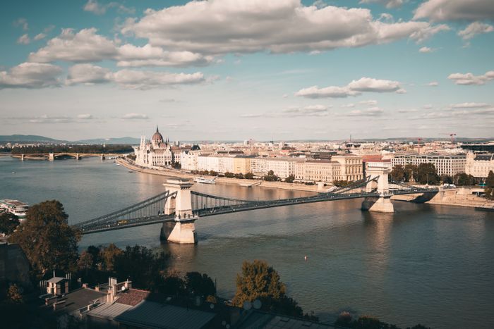 Aerial view of the Chain Bridge over the Danube, joining Buda and Pest