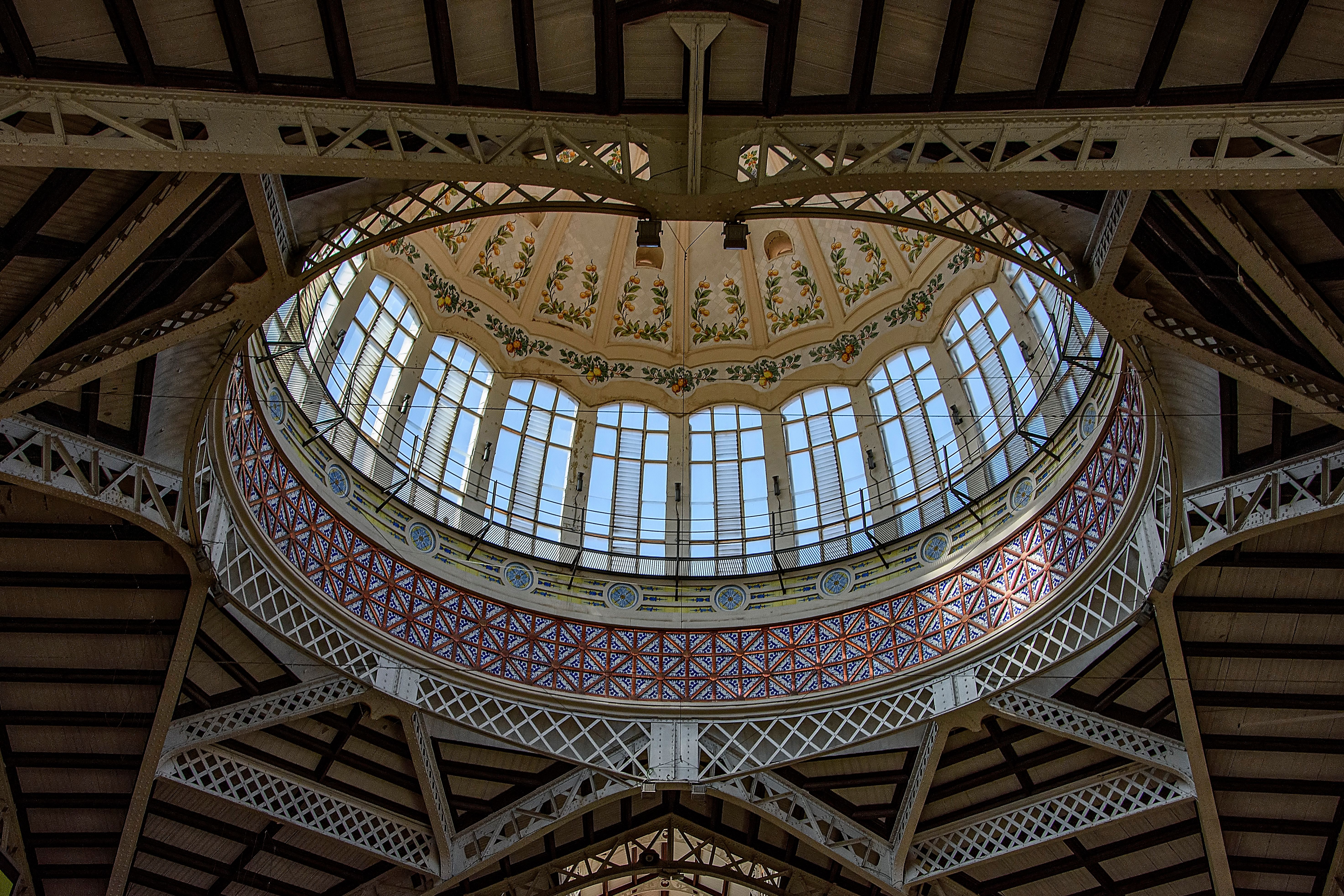 Detailed view of the Mercado Central's dome in Valencia, showcasing intricate architecture and design.