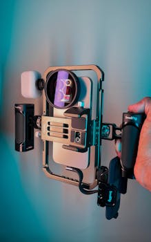Close-up of a professional video rig with smartphone and accessories, perfect for cinematic filming.