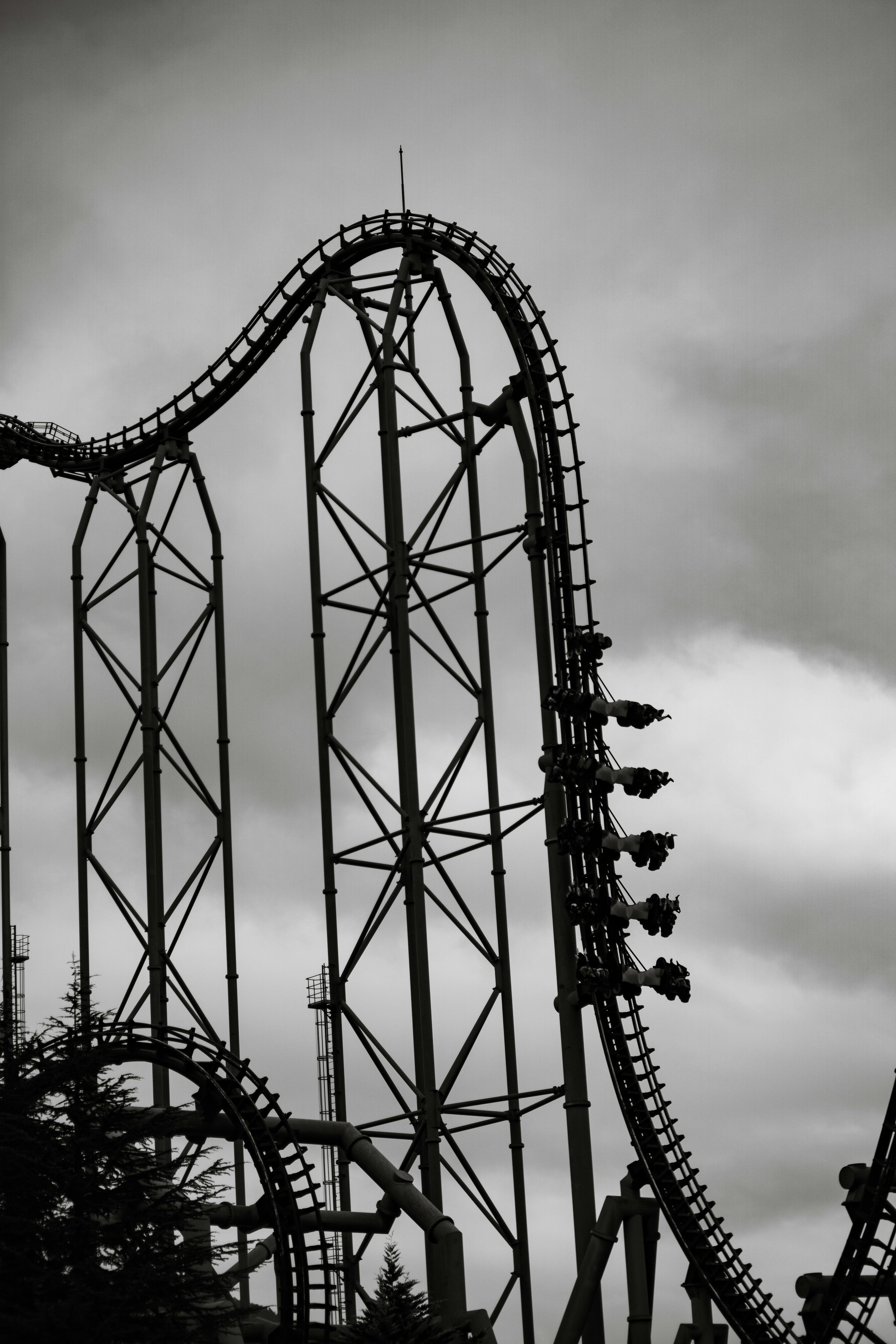 Black and white photo of a roller coaster in Mt. Fuji, Japan. Adrenaline and thrill ride.