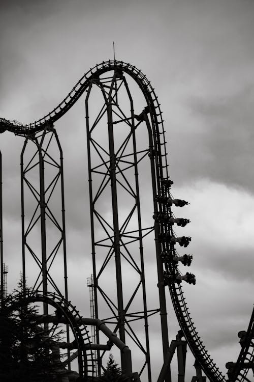 Black and white photo of a roller coaster