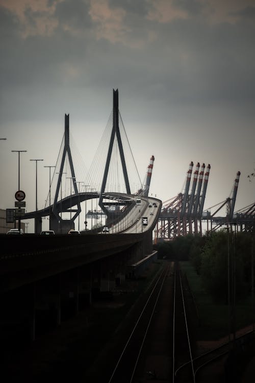 Free View of the Suspension Bridge and the Railway in Hamburg, Germany  Stock Photo