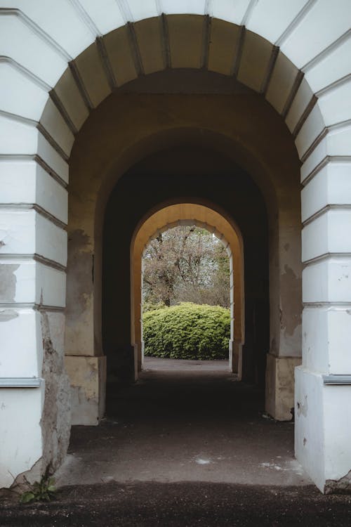 An archway in a park with bushes and trees