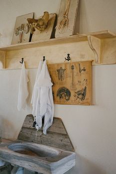 Rustic bathroom decor featuring vintage anatomical charts and wooden elements for a classic feel.