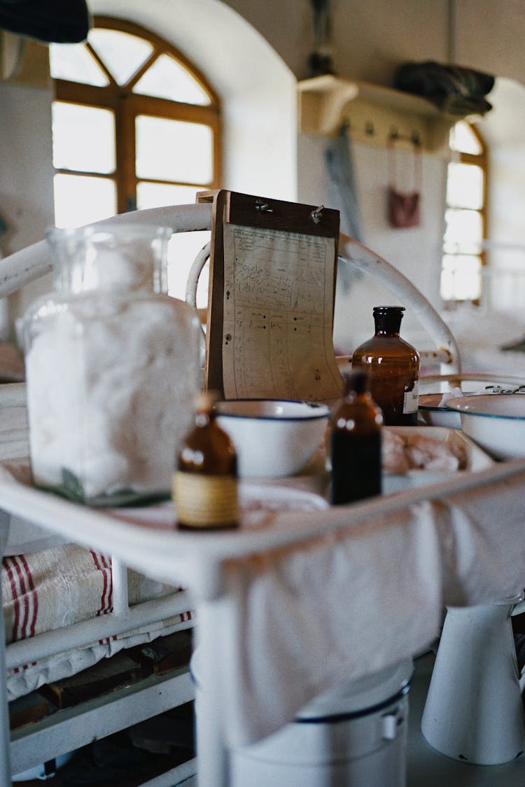 Jar And Flasks On Table In Hospital