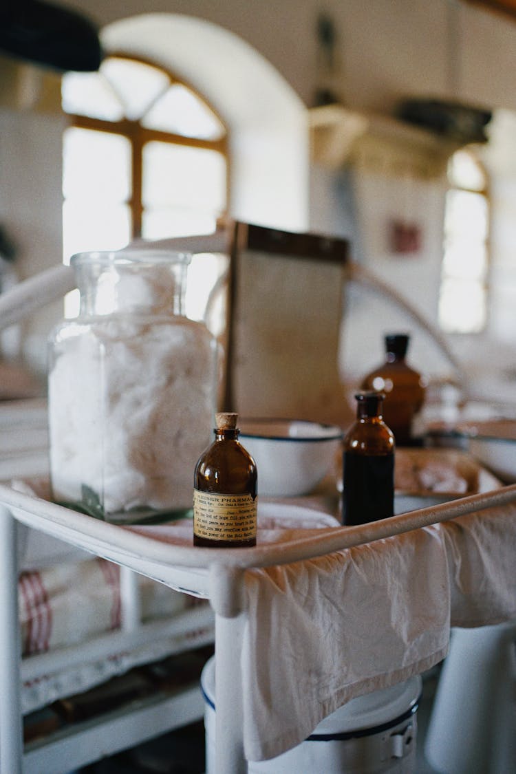 Flasks And Jar On Table In Hospital