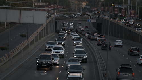 traffic jam on Al Farabi in Almaty with mountain view