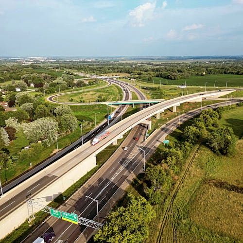 Free An aerial view of a highway with a bridge Stock Photo