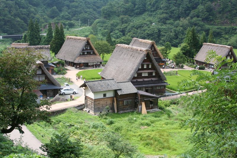 Gokayama village aerial view, Toyama Prefecture — thatched farmhouses in the mountain valley