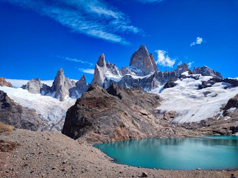 Breathtaking landscape of Mount Fitz Roy and Laguna de los Tres under a bright blue sky in Patagonia, Argentina.