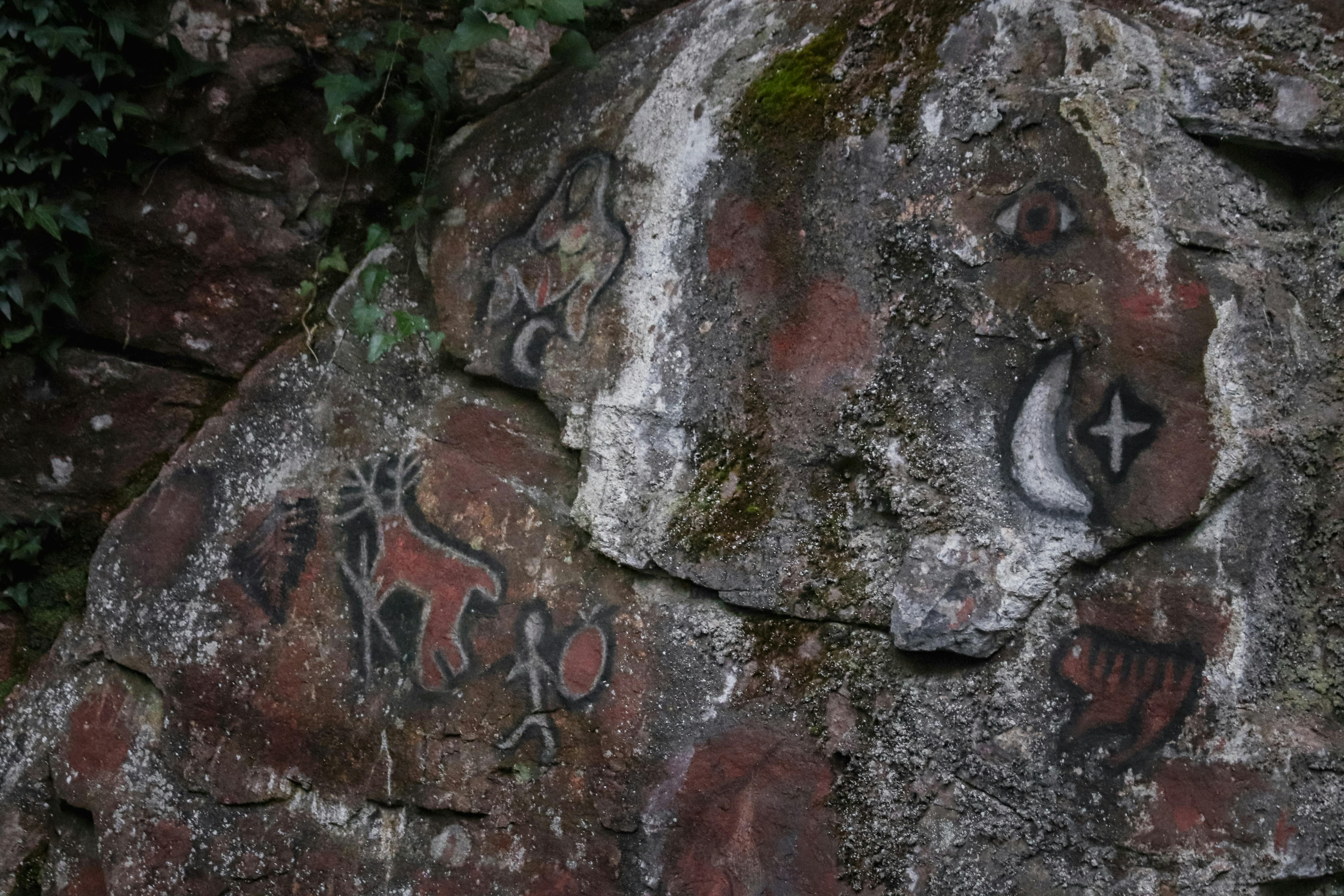 Detailed view of prehistoric art and petroglyphs on a rugged rock surface, showcasing ancient history.