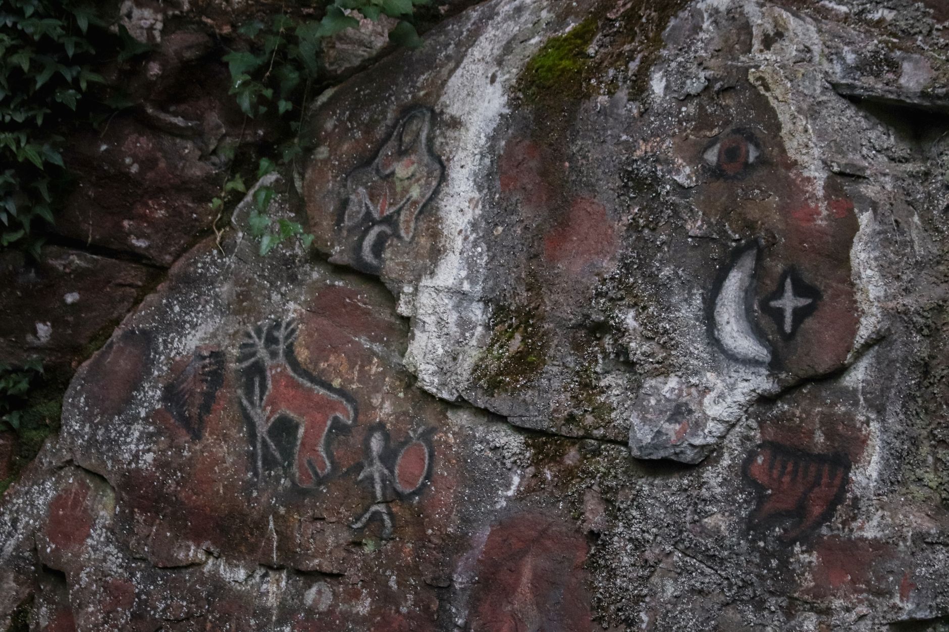 Detailed view of prehistoric art and petroglyphs on a rugged rock surface, showcasing ancient history.