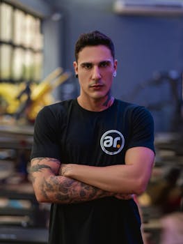 Portrait of a tattooed man in a gym wearing a black t-shirt, conveying strength and confidence.