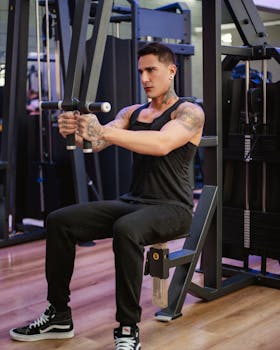 Tattooed man working out on gym machine indoors, showcasing fitness and strength.