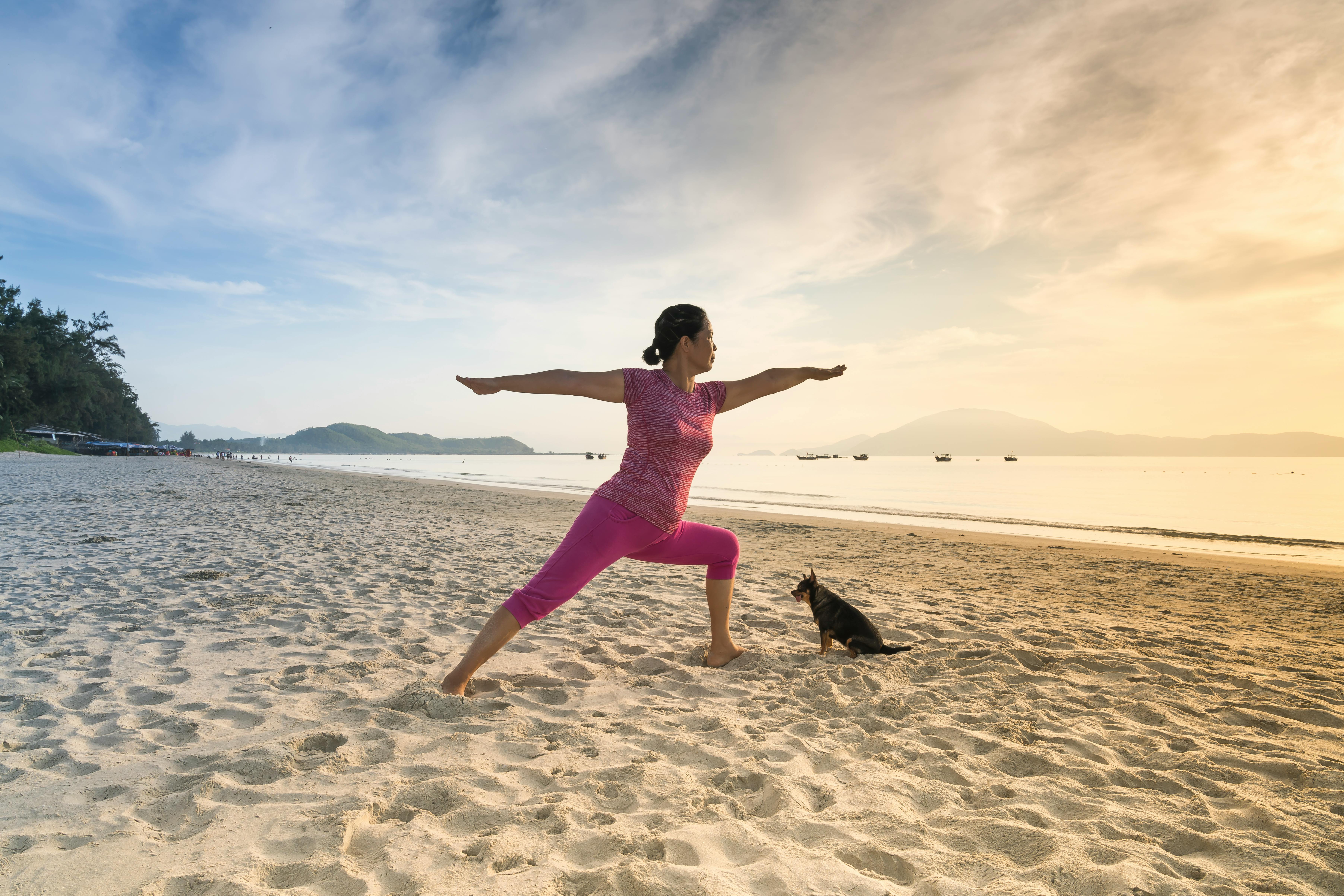 A woman performs a yoga pose on a tranquil beach with her dog at sunset, symbolizing harmony and relaxation.