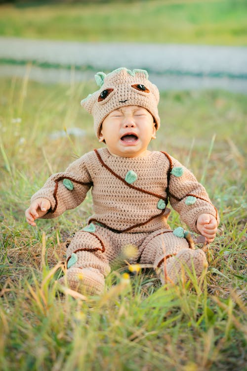 Free A baby in a costume is sitting in the grass Stock Photo