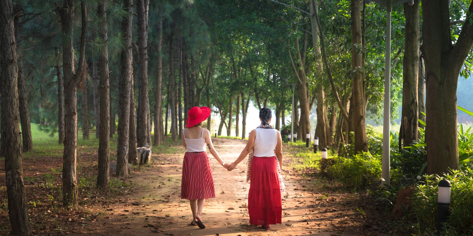 Two women walking hand in hand down a serene, tree-lined path in a park.